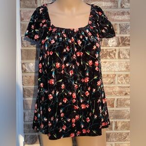 Velvet Puff Sleeve Floral Peasant Top